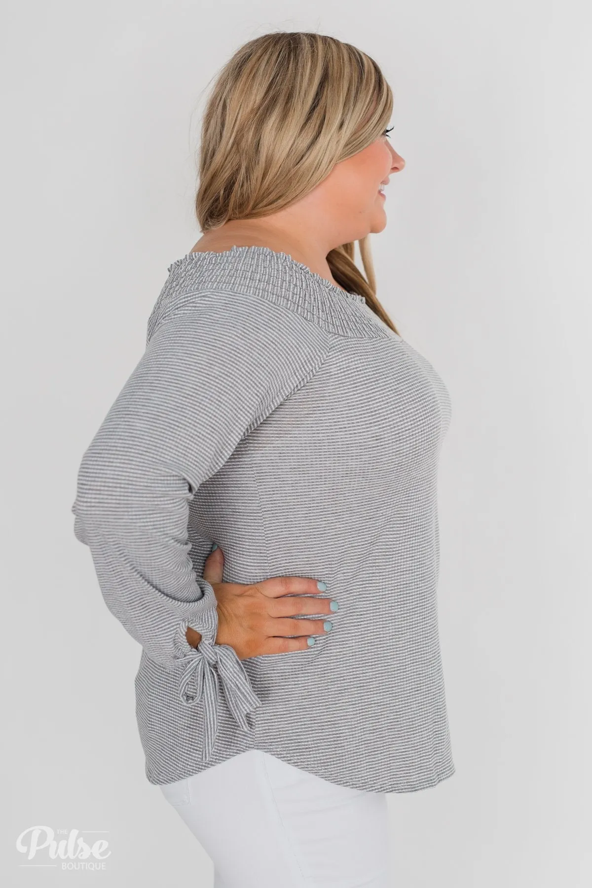 Dreaming of Stripes Off the Shoulder Top - Grey & White