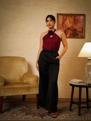 Flower Detailed Halter Neck Satin Top
