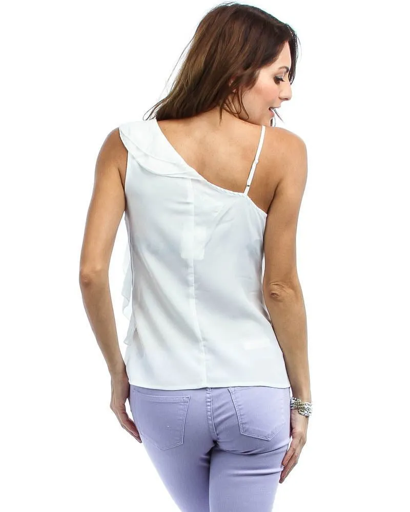 One Shoulder Ruffle Front Blouse Off White Ivory