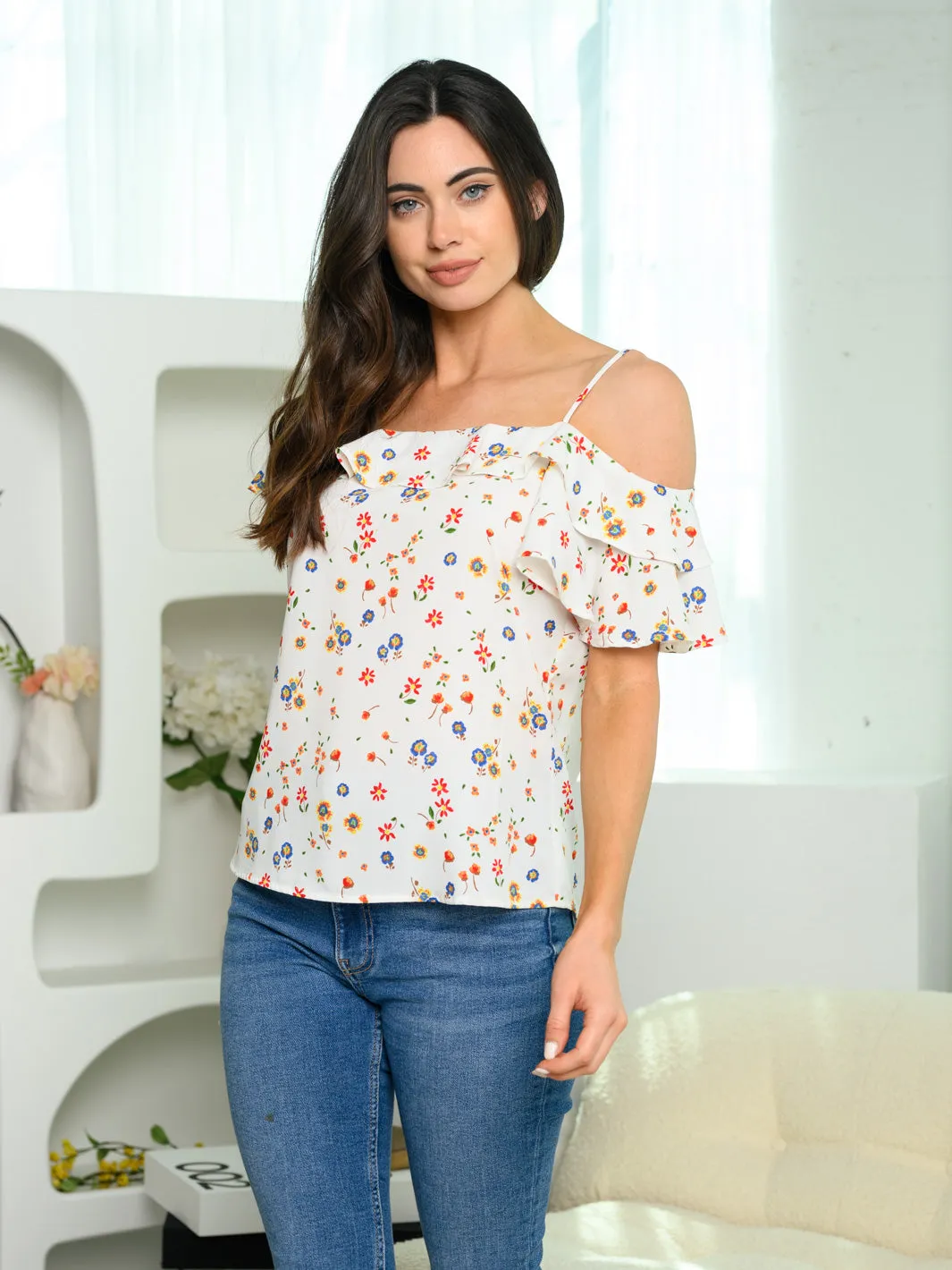 WOMEN'S COLD SHOULDER RUFFLE FLORAL TOP