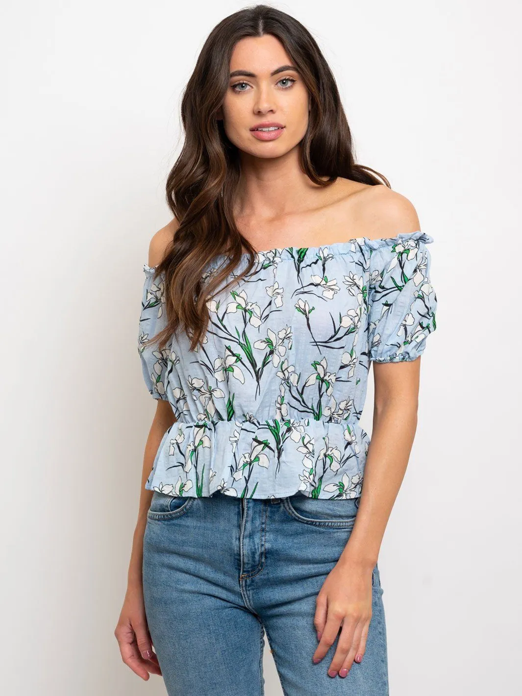 WOMEN'S OFF SHOULDER RUFFLE HEM FLORAL TOP